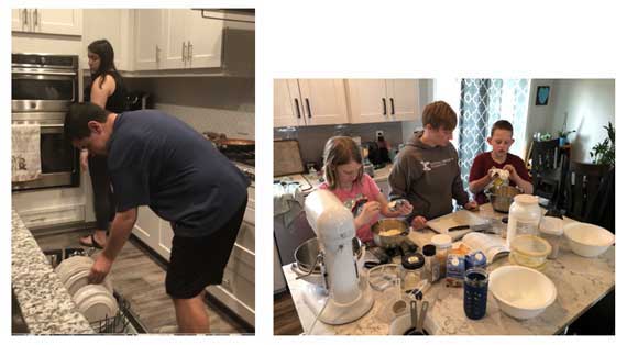 A family putting dishes in a dishwasher, and helping fix dinner.