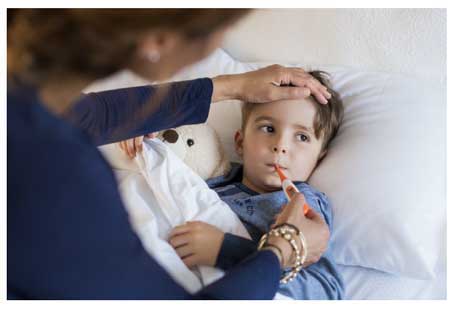 A young boy in bed with a thermometer in his mouth, and his mother sitting beside him with her hand on his forehead.