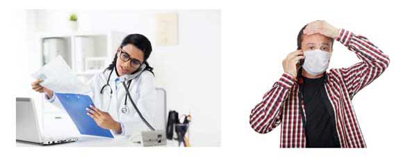 A female doctor on the phone and a man wearing a face mask on a phone.