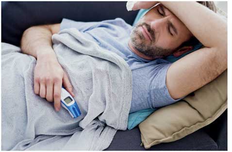 Sick man laying on a couch holding a thermometer