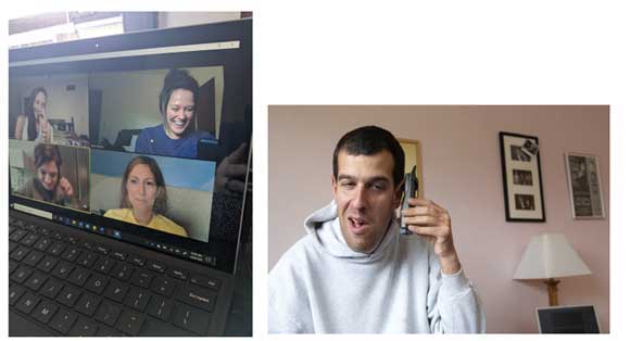 A man on a phone, and a laptop screen with several people on a video call.