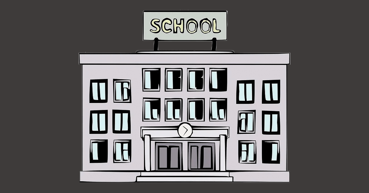 A school building with a sign on the roof: SCHOOL.