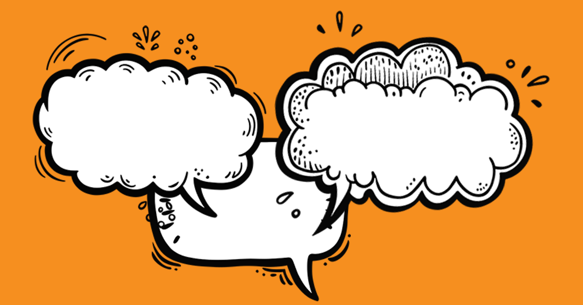 Verbal perseveration shown with speech bubbles.