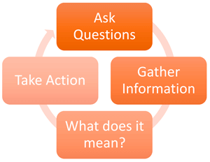 Assessment flow chart for ask questions, gather information, what does it mean?, and take action