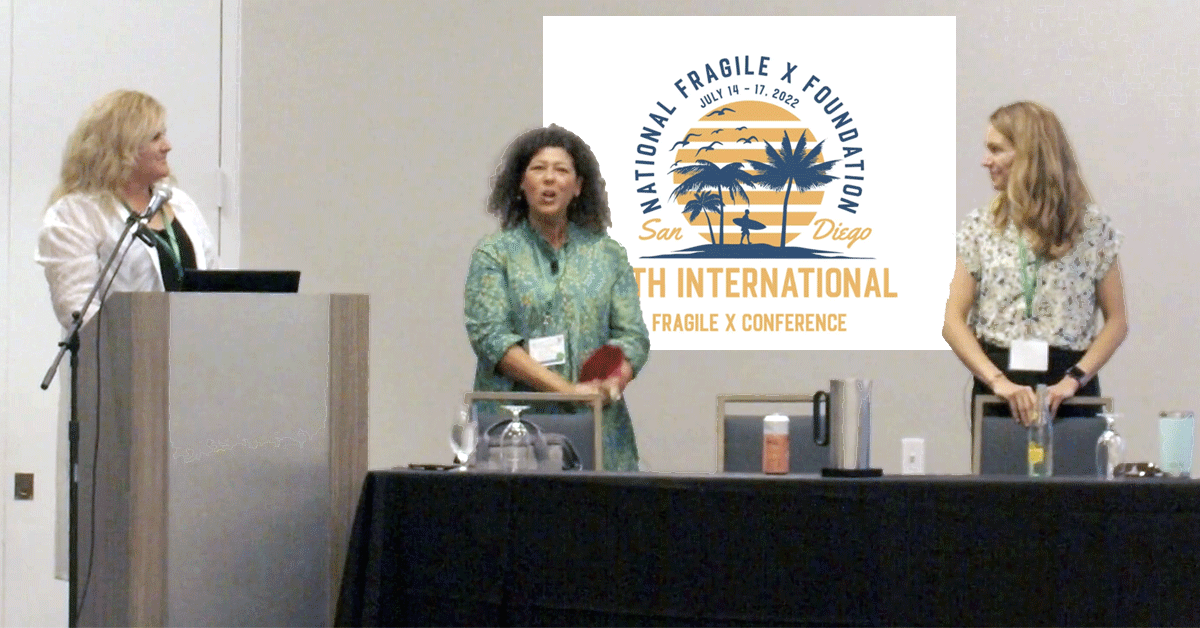 Kerrie Lemons Chitwood, Laura Greiss Hess, and Anne Hoffmann on stage during their presentation at the 19th International Fragile X Conference.