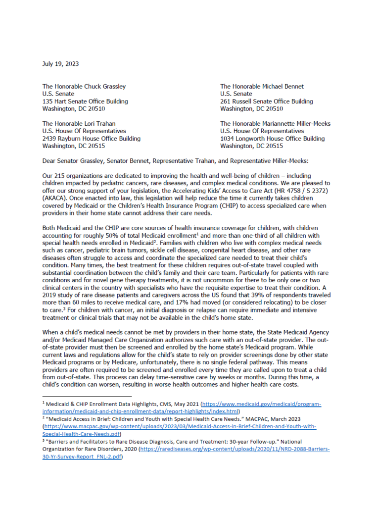 Page 1 of a letter strongly supporting the Accelerating Kids’ Access to Care Act (S 2372 / HR 4758) (AKACA).
