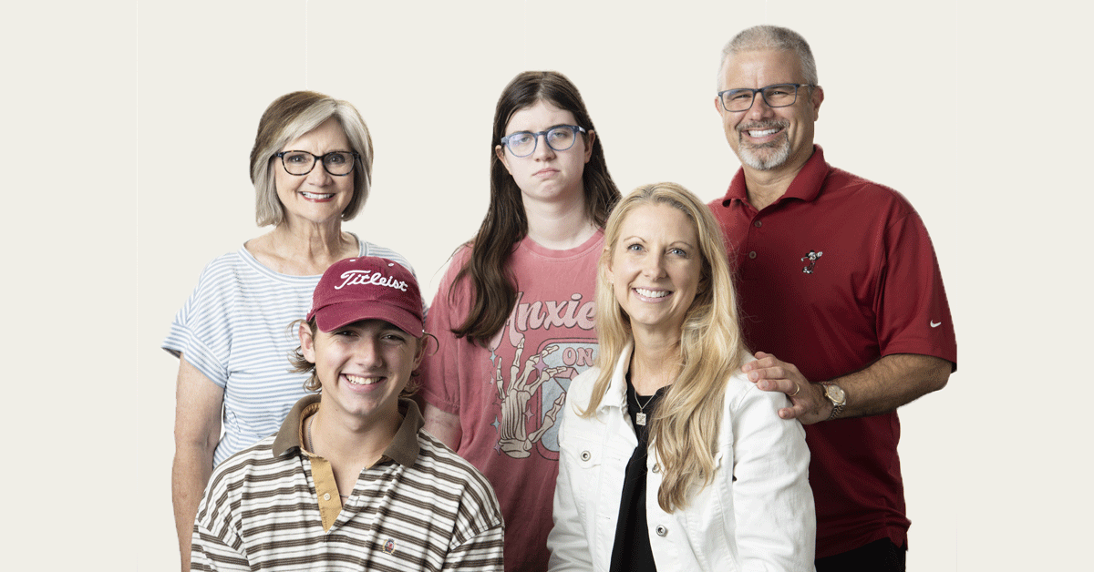 Family portrait of Mom, Dad, daughter, son, and grandmother.
