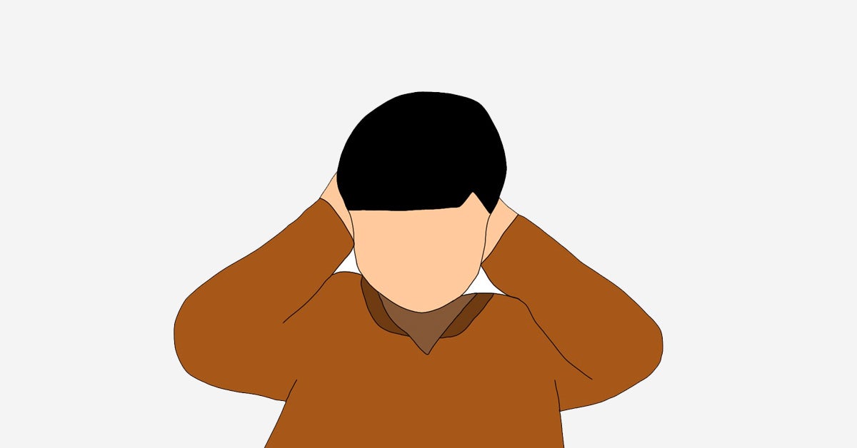 Illustration of a boy in a brown sweater with his hands over his ears.