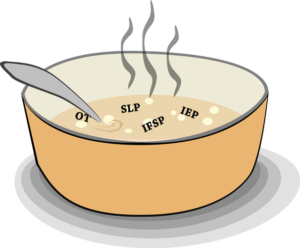 Bowl of soup with IEP acronyms floating within.
