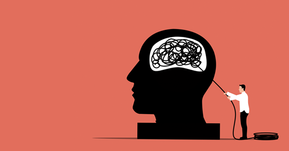 Illustration of a man pulling the end of a string coming from inside the brain.