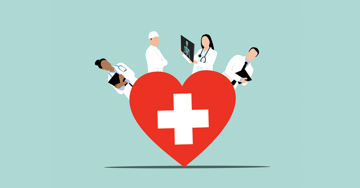 A heart with a cross indicating medical services, with male and female doctors and other care providers standing behind it
