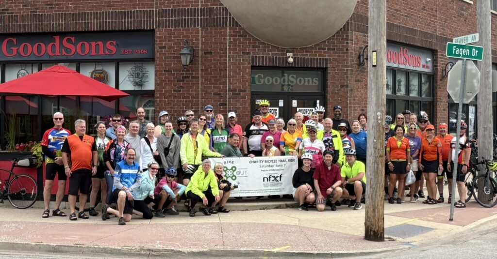 A group of bikers in front of GoodSons in Des Moines, IA