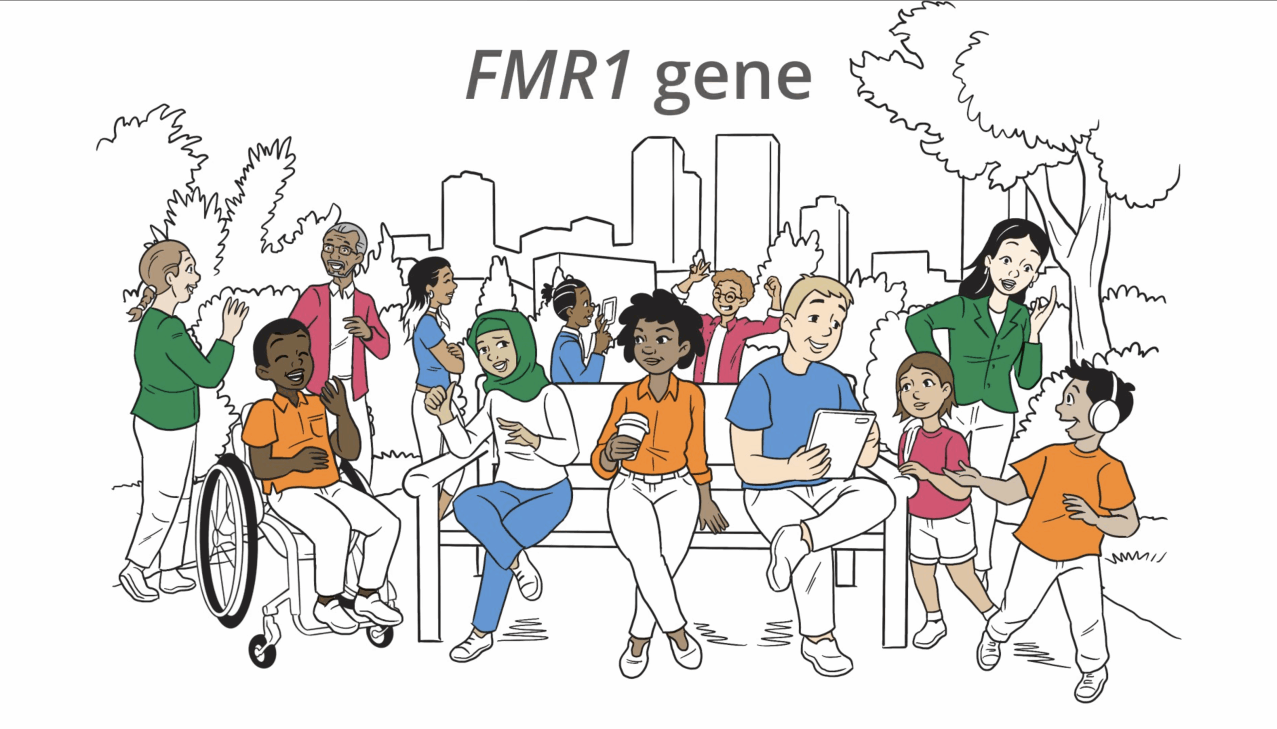 A group of people of different ages and ethnicities with the words FRM1 gene