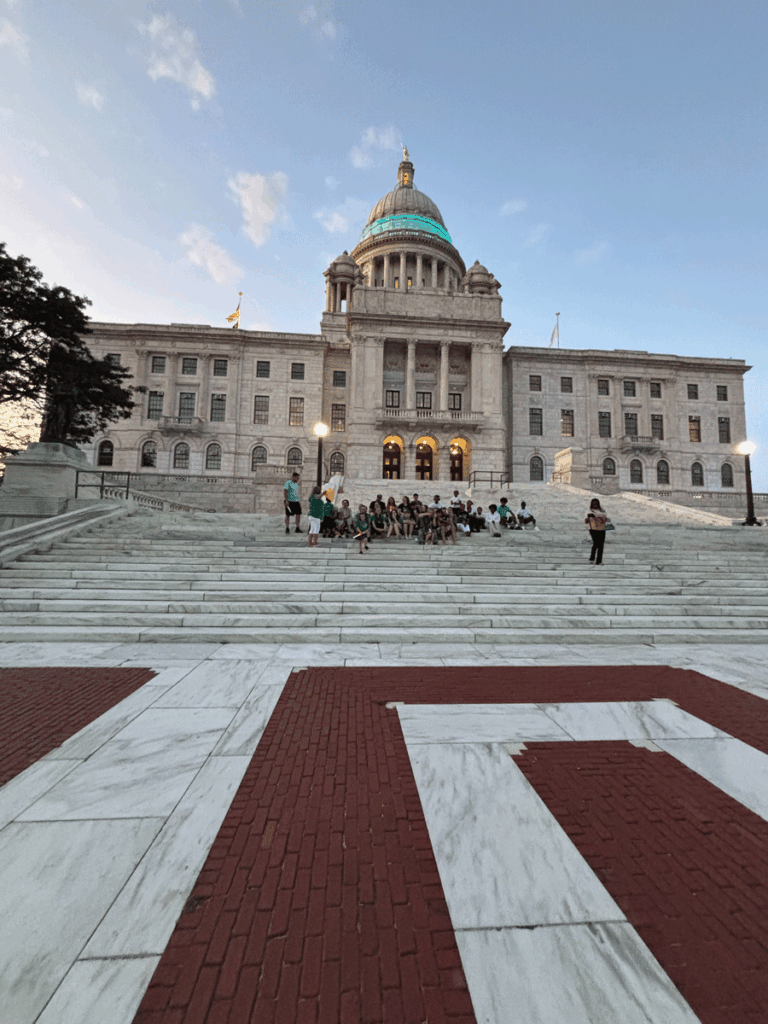 Long view of the Little Rhody Warriors on the steps of the Rhode Island State House for Fragile X Awareness Day.