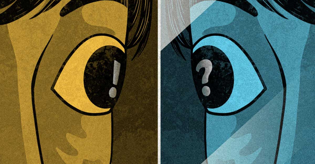 An eye with an exclamation mark looking at another eye with a question mark.