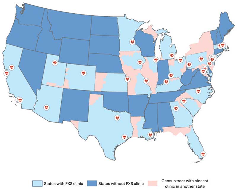 Map of the contiguous United States with geocoded locations of FXS specialty clinics, 2024.