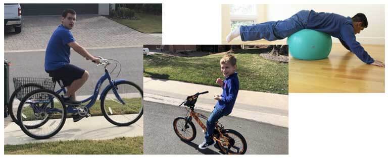 Two boys riding their bike, and one boy balancing on a balance ball.