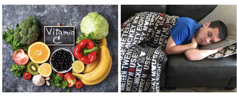 Group of healthy fruits and vegetables, and a boy sleeping on a couch with a blanket over him.