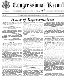 Congressional Record cover page for July 18, 2019