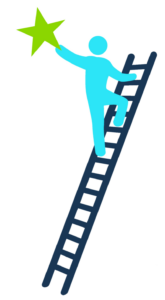 a figure climbing a ladder reaching for a star