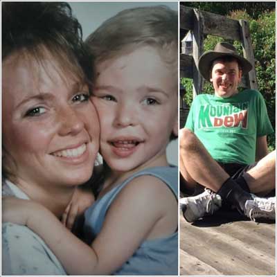 Orion as a baby with his mother, and as a young adult sitting cross-legged in the sunshine.