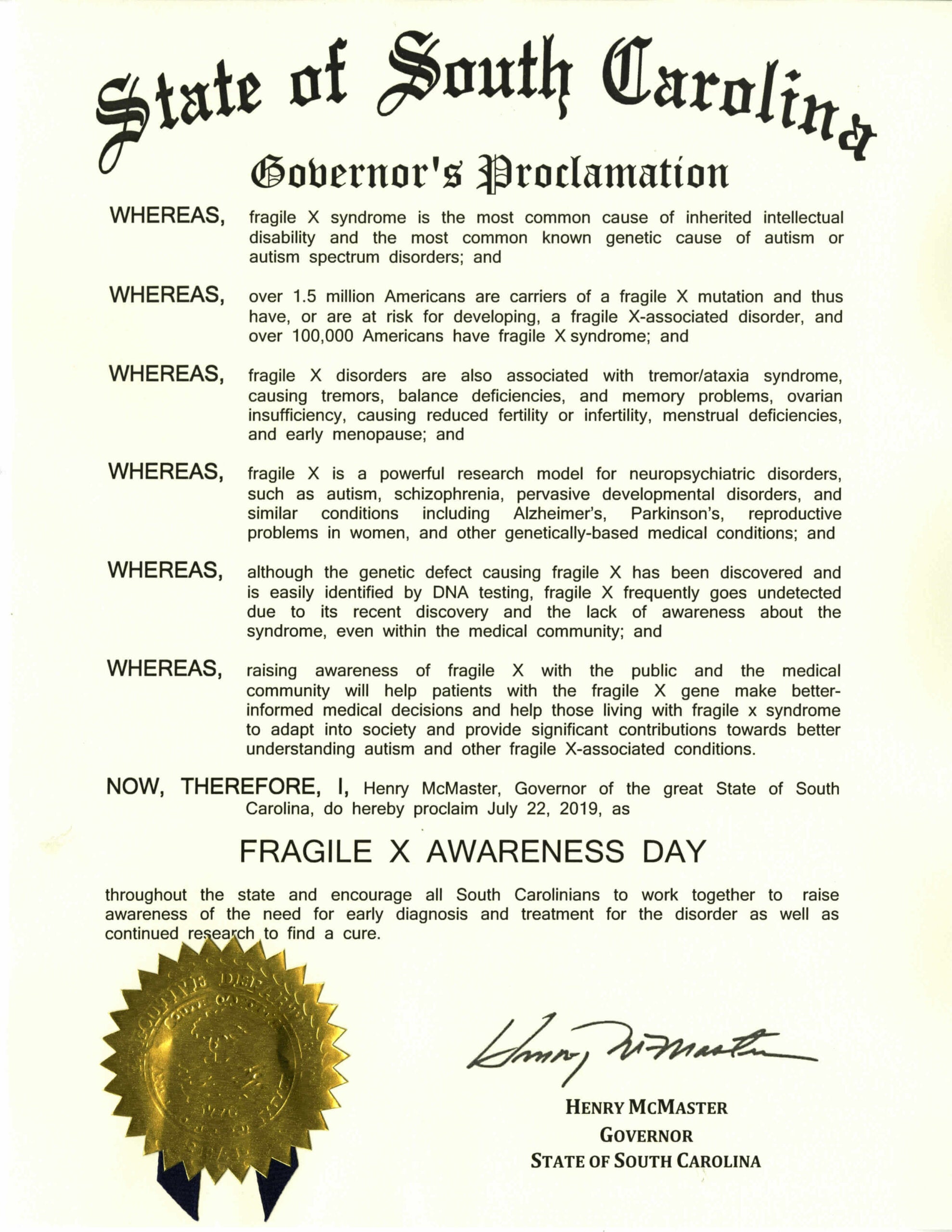 South Carolina Fragile X Awareness Day 2019 proclamation