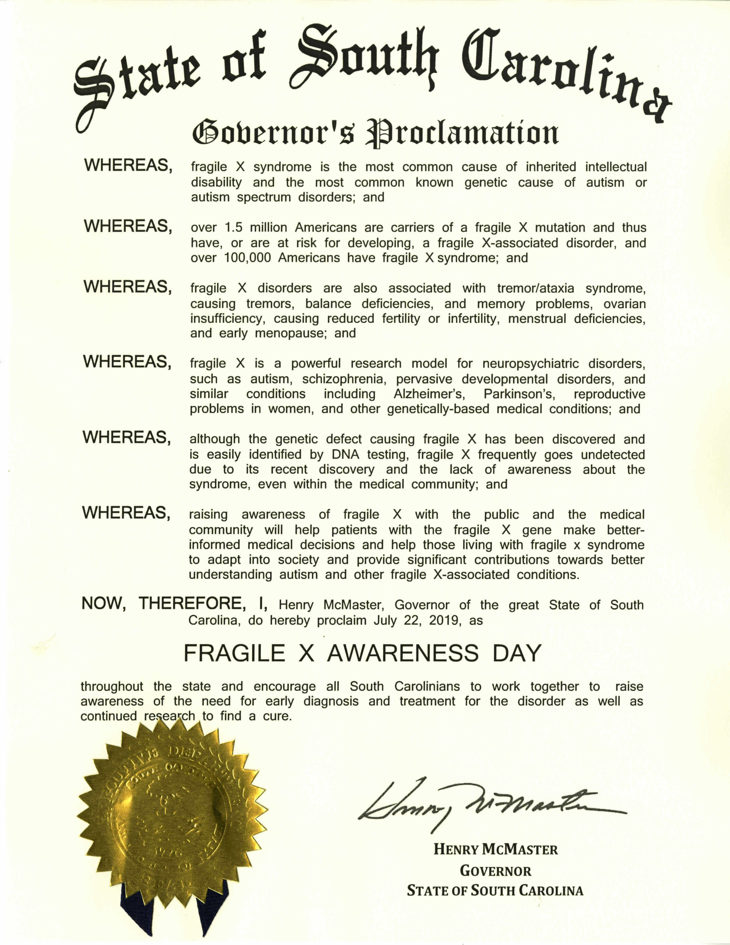 South Carolina and Wisconsin Proclaim Fragile X Awareness Day | NFXF