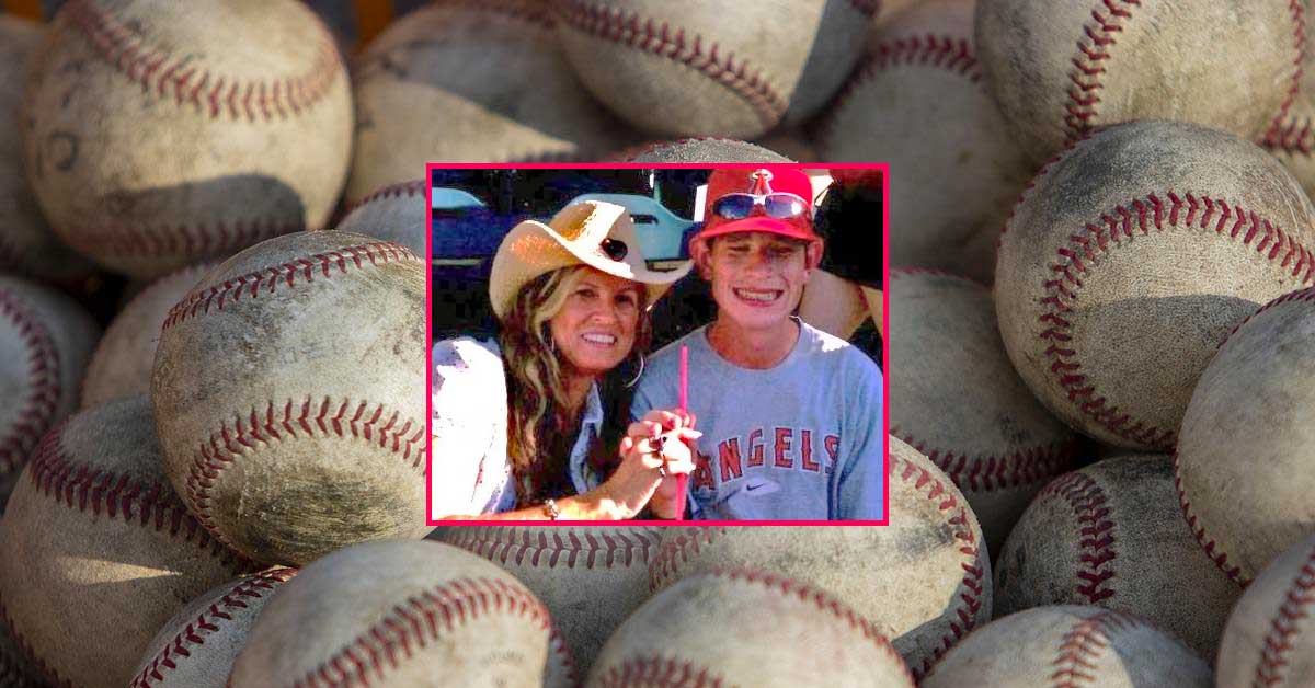 Charlotte Sphar and her son at an Angels baseball game, with baseballs as a background.