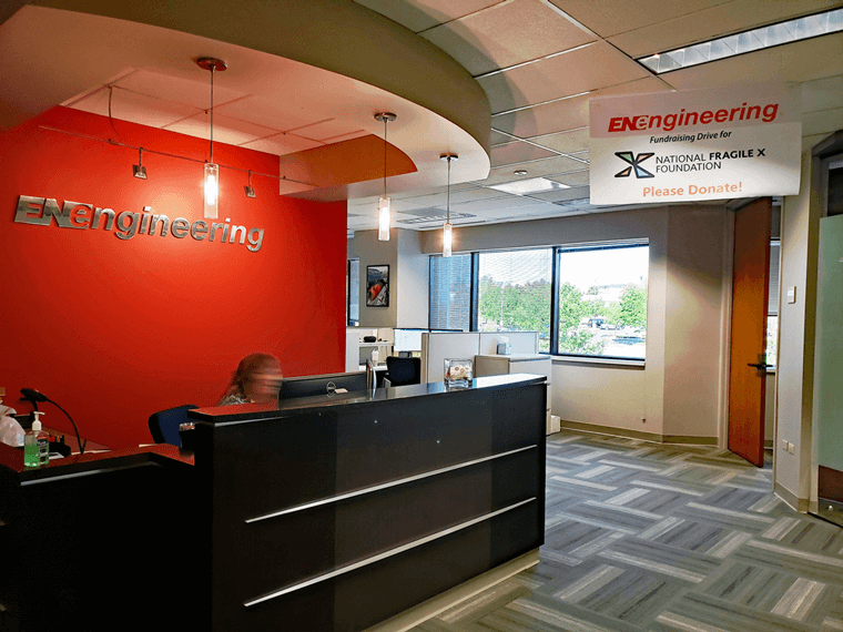 EN Engineering lobby with NFXF fundraising sign