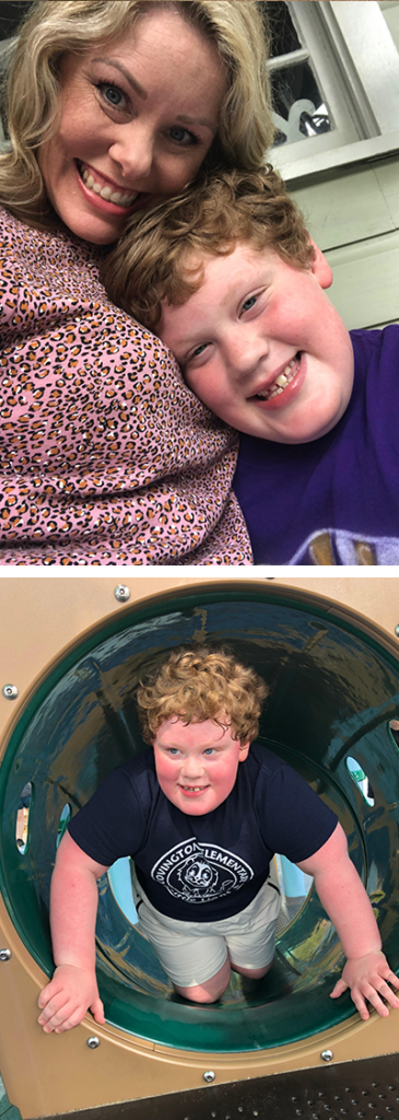 Beau Wright with his mom snuggling, and climbing through a tunnel in a playground.
