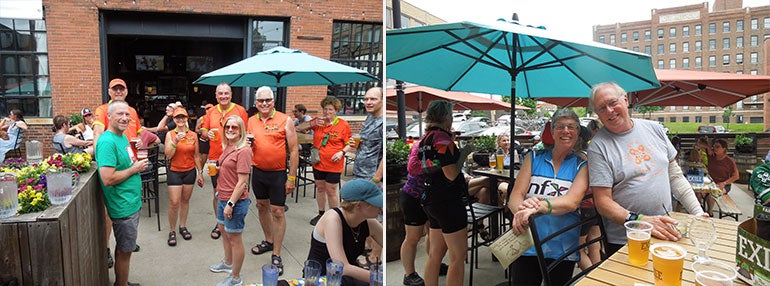 Nancy Carlson and other riders in the Heartland chapter Bike To X Out Fragile X fundraising event outside of Exile Brewing Co. in Des Moines, Iowa.