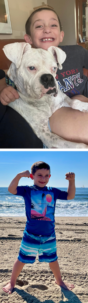 Blake Erdmann with his dog, and at the beach showing off his muscles.