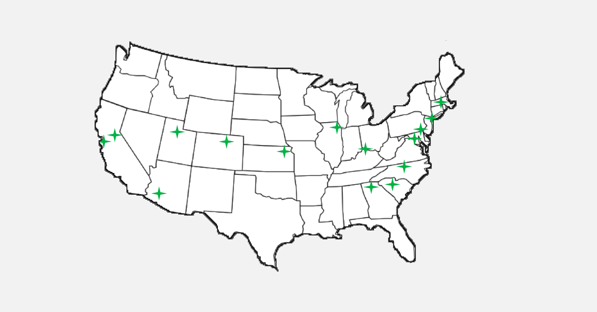 U.S. map with green stars indicating clinical trial locations