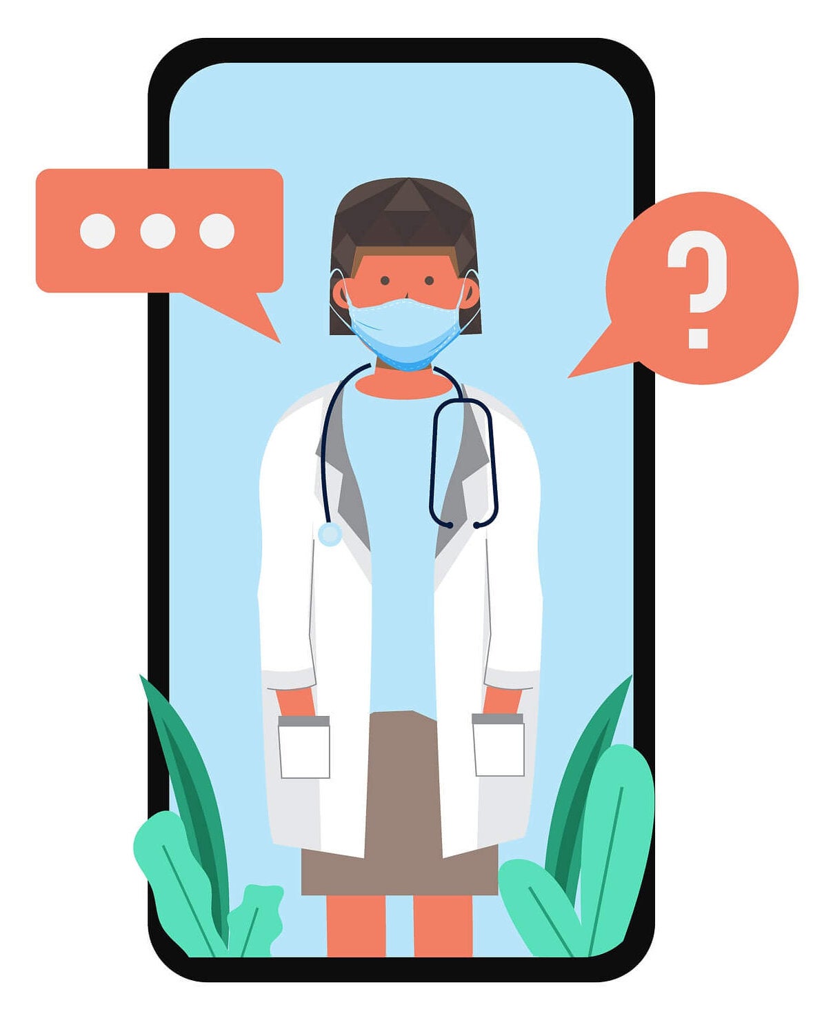 Doctor wearing a COVID-19 PPE mask with her hands in her pockets, standing, on a mobile phone screen