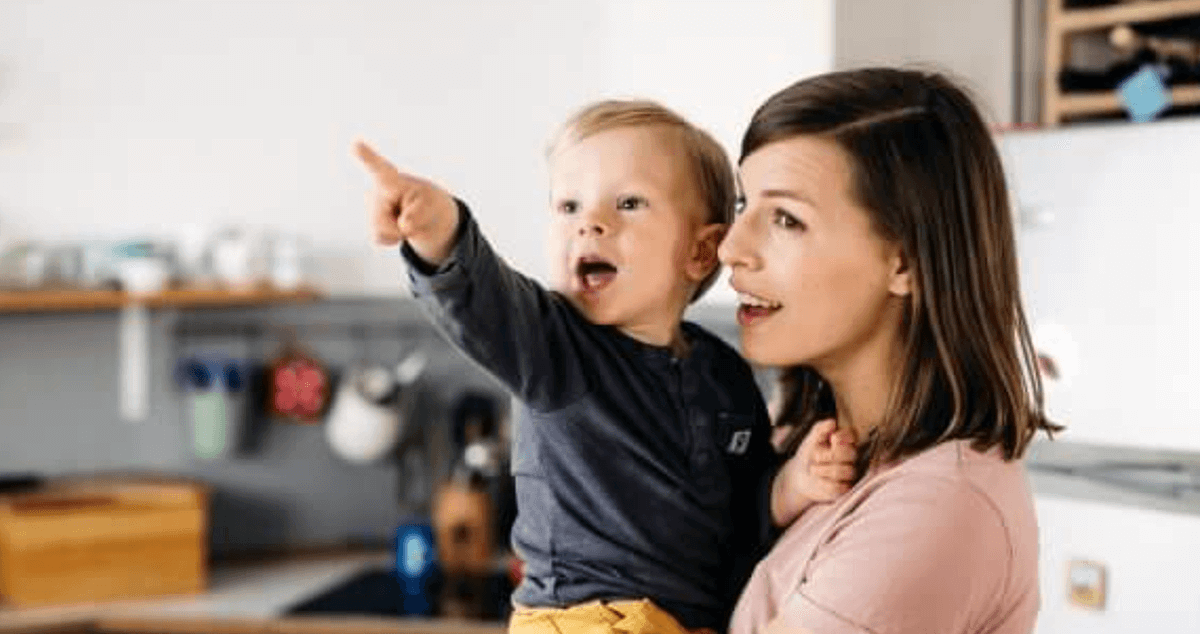 A mother holding her toddler son in her arms while he points excitedly to an unknown object.