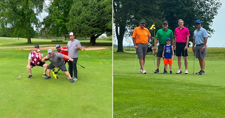 Goofy poses by golfers on a putting green, and a foursome plus one child, Reid.