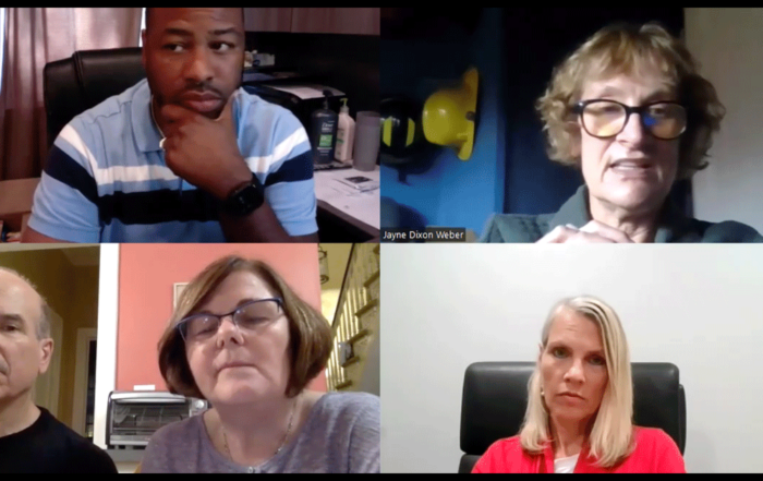 Dushawn Powell, Jayne Dixon Weber, Anita Inz (and her husband), and Susan Buchanan on a zoom webinar discussing housing options for adults with Fragile X syndrome.