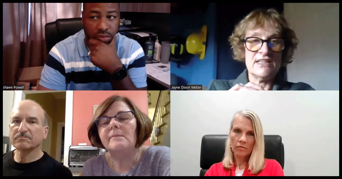 Dushawn Powell, Jayne Dixon Weber, Anita Inz (and her husband), and Susan Buchanan on a zoom webinar discussing housing options for adults with Fragile X syndrome.
