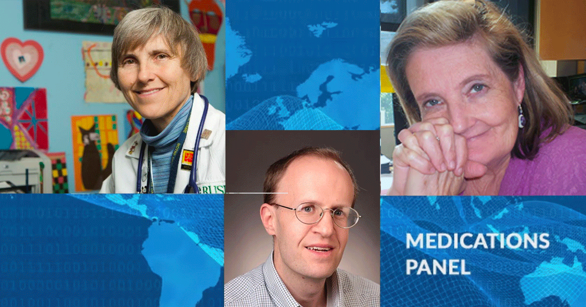 Medications webinar panel members Drs. Elizabeth Berry-Kravis, Randi Hagerman, and Craig Erickson.