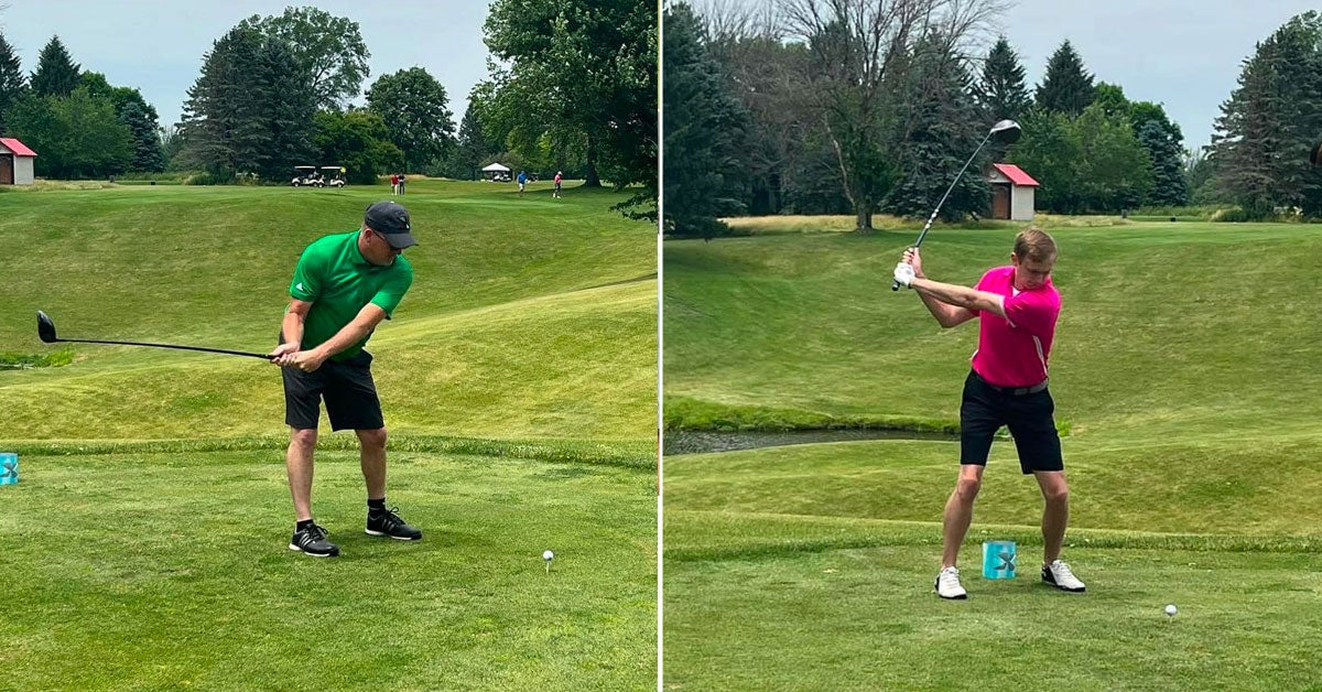 2 golfers each mid-swing on the golf course.