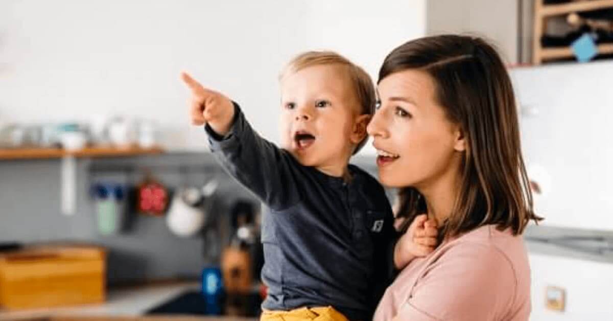 A mother holding her toddler son in her arms while he points excitedly to an unknown object.