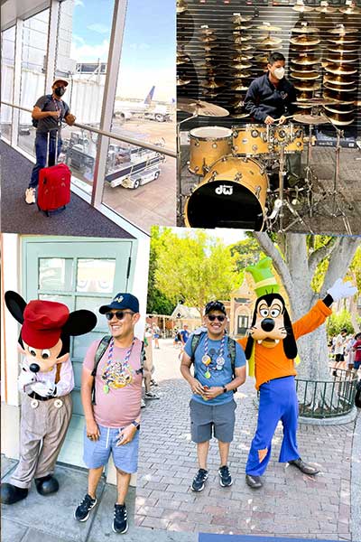 Collage with a young man, Moses Cisneros, at the airport, playing the drums, with Mickey Mouse, and with Goofy.