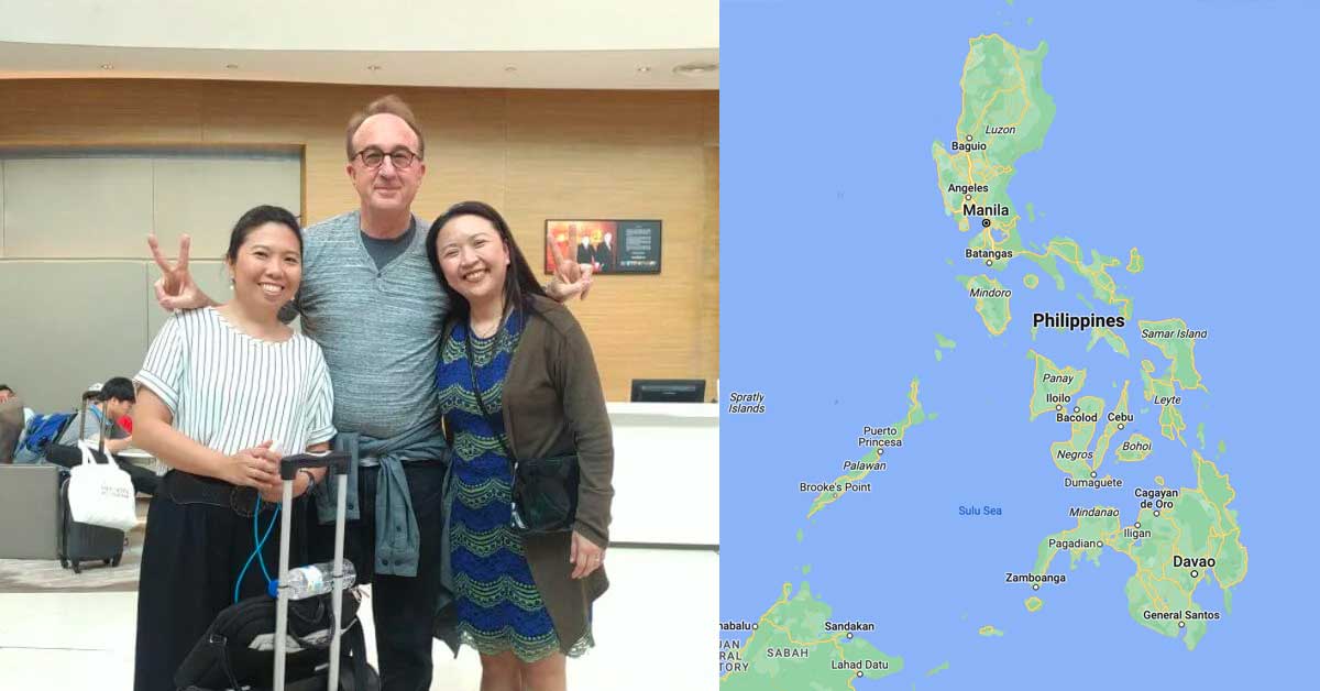 Robby Miller at the airport with clinic representatives, and a map of the Philippines.