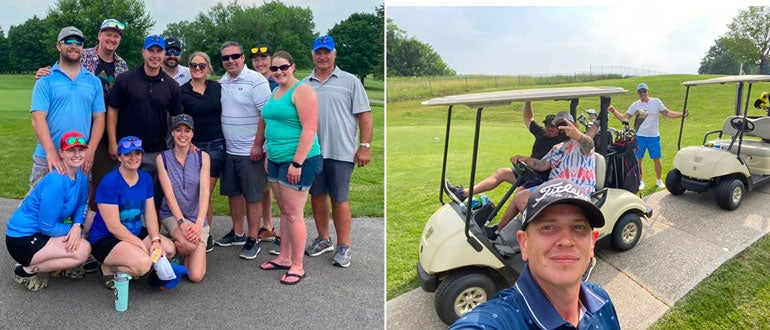 Group of golfers and organizer taking a selfie with golf carts behind him.