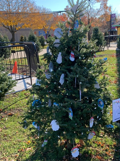 The finished Christmas tree, decorated with Fragile X-inspired decorations, at the Brookfield Zoo Tree Trim event.
