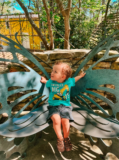 Waylon Aubuchon sitting on a giant butterfly making it look like he has butterfly wings.