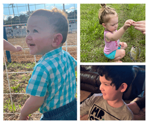 Kolt, 1, walking on his own outdoors; Oaklynn, 3, squatting on green grass; and Adan, 5, smiling.
