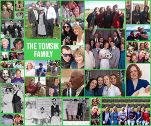 The whole Tomsik family, including grandmas, uncles, aunts, cousins, sisters, nieces, nephews, father, daughter, sons, and Sarah.